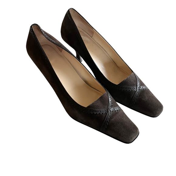Anne Klein Chocolate Brown Suede Square Toe Kitten Heel Pumps Size 8.5M - Picture 1 of 8